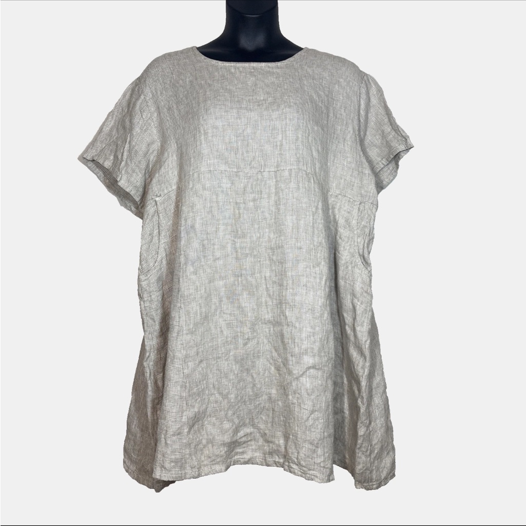 Bryn Walker 1x 100% Linen Smock Swing Dress Pockets Beige Mini Houndstooth